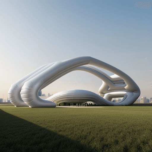 AI generated: high resolution, 8k, inflatable pavillion architecture concept, modern, futuristic, open field land,...