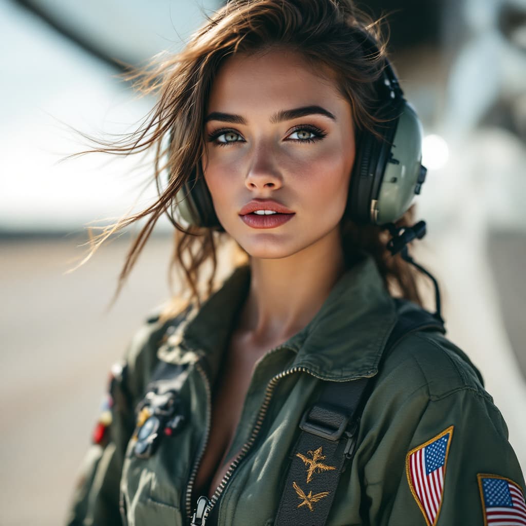 AI generated: beautiful american air force fighter pilot girl. She is wearing a loose-fitting, green, one-piece fl...