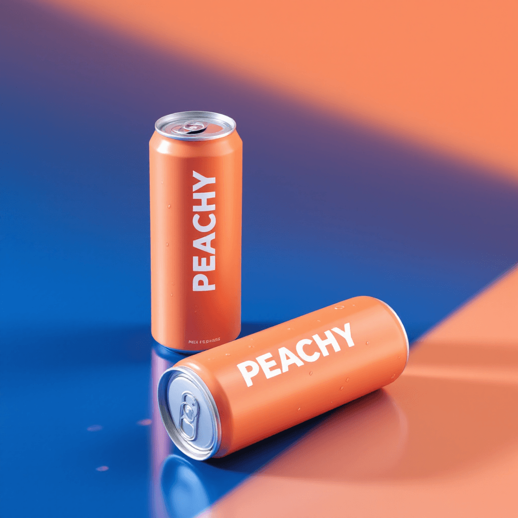 AI generated: Studio Product shot, a close up shot, 2  peach colour slim cans of soft drink , cans has PEACHY logo...