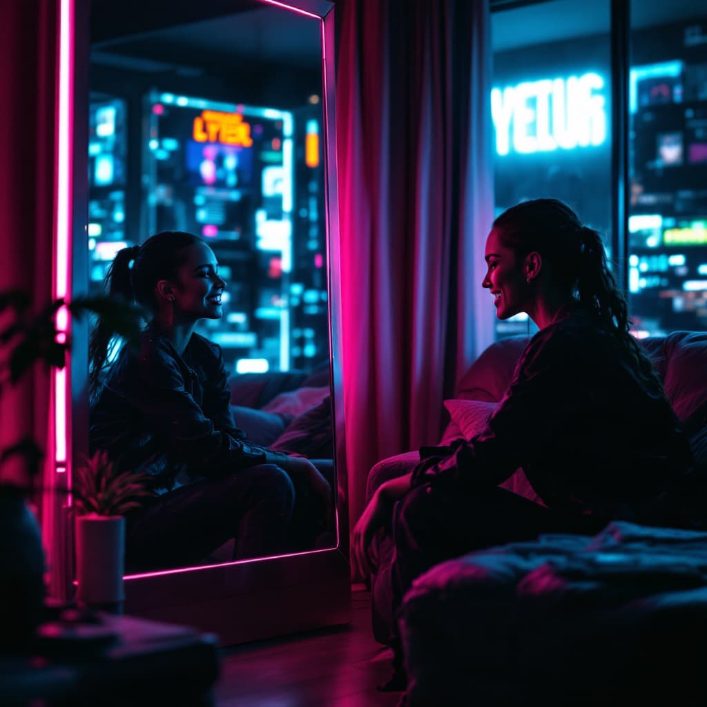 AI generated: cyber punk lady looking in a mirror looking happy and smiling in a cyberpunk living room

