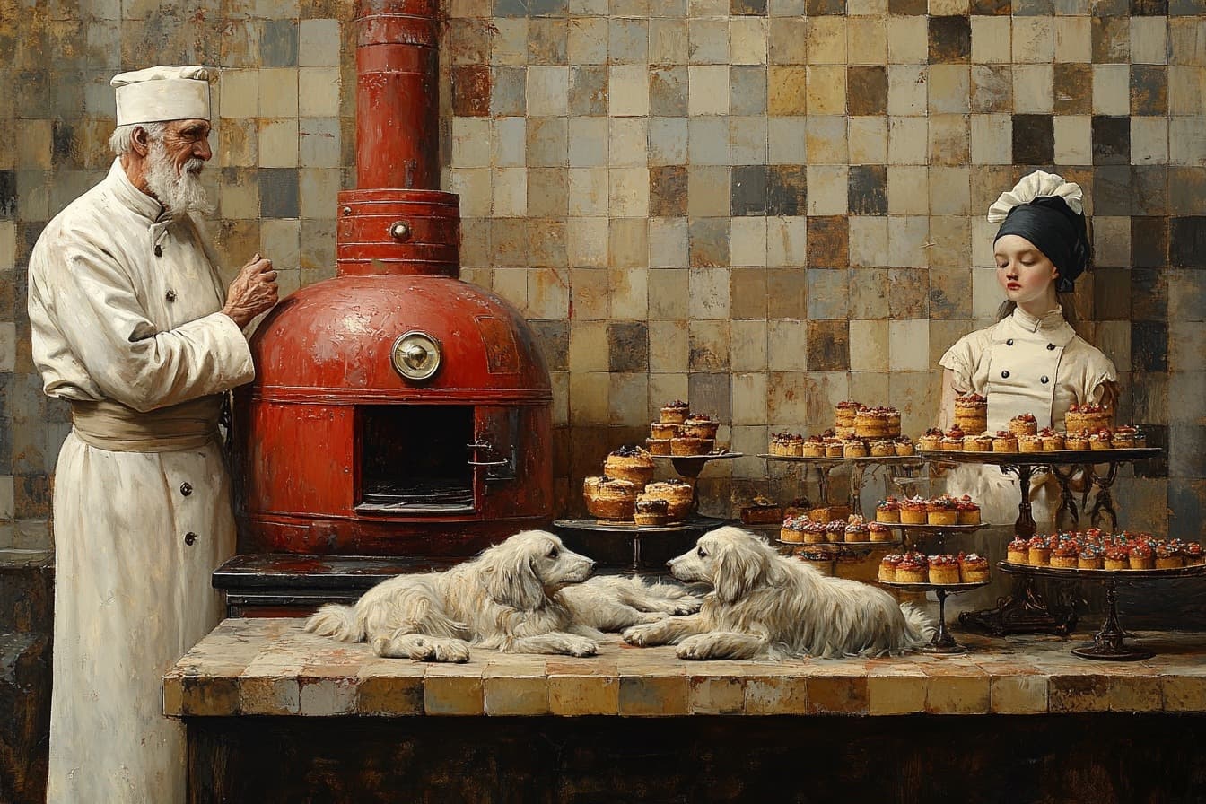 AI generated: A surreal painting depicting an old man in white and cap, holding a bow on the left side, standing n...