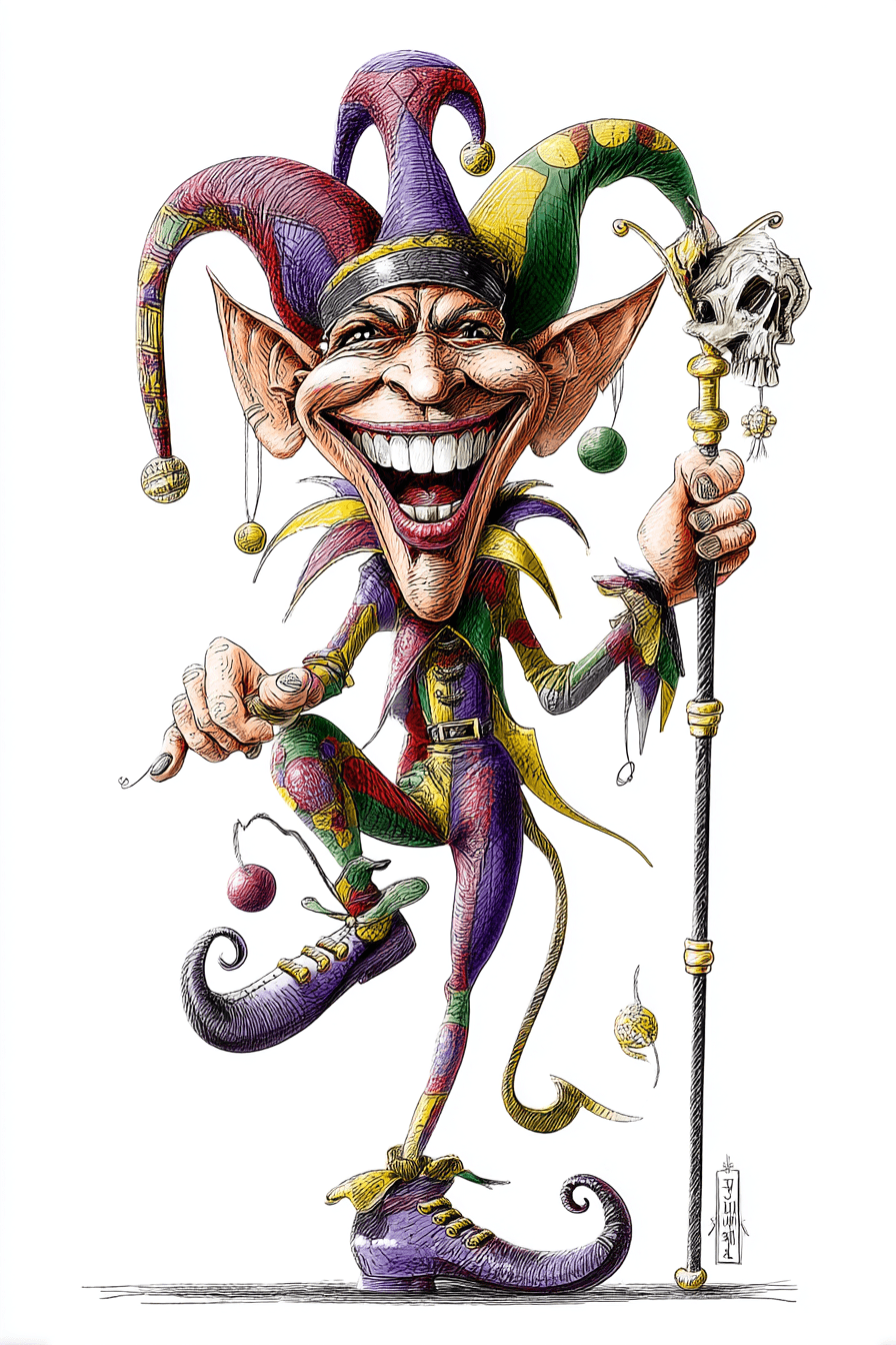AI generated: funny caricature, sinister jester, nordic ethnicity, 30 years old, playful, twisted, unpredictable, ...