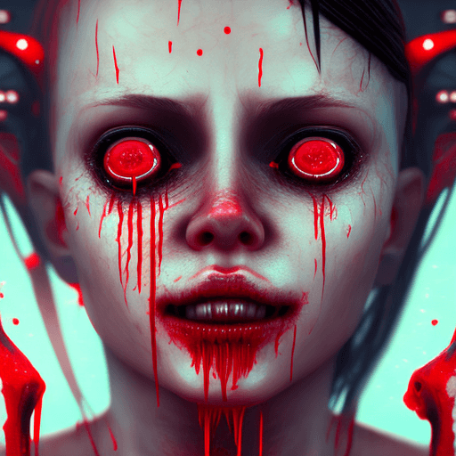 AI generated: dreamy girl with right oversized eye, small left eye, with face scare showing the teeth and jawbones...