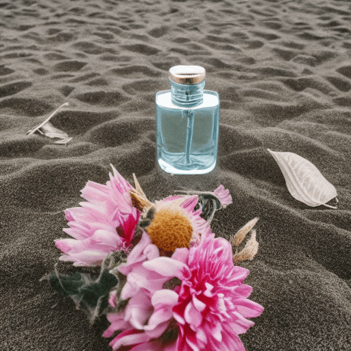 AI generated: perfume bottle on a beach with exotic flowers