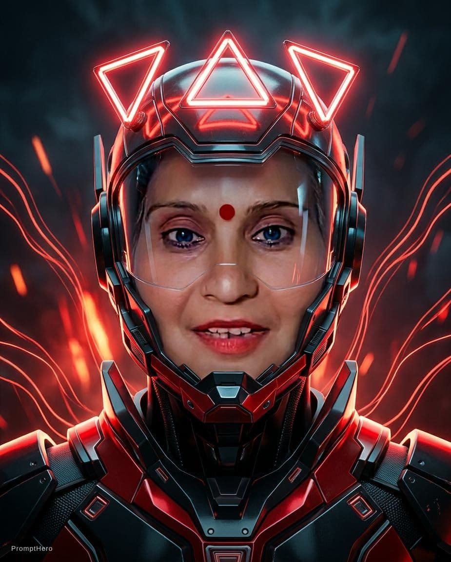 AI generated:  futuristic cyborg boy featuring a captivating reflective cybernetic helmet adorned with glowing tri...