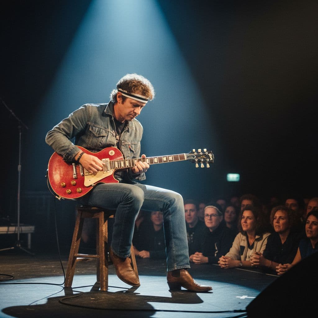 AI generated: Mark Knopfler performing live on stage in the 1980s, sitting on a wooden stool, wearing a headband, ...