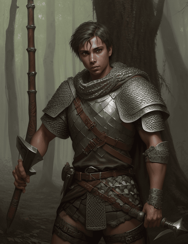 AI generated: young tanned male cleric with hammer and chainmail, in forrest, with curious face, by Greg Rutkowski...