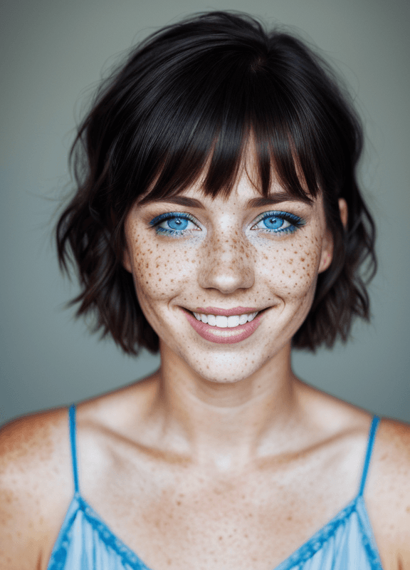 AI generated: beautiful lady, (freckles), big smile, blue eyes, short hair, dark makeup, hyperdetailed photography...