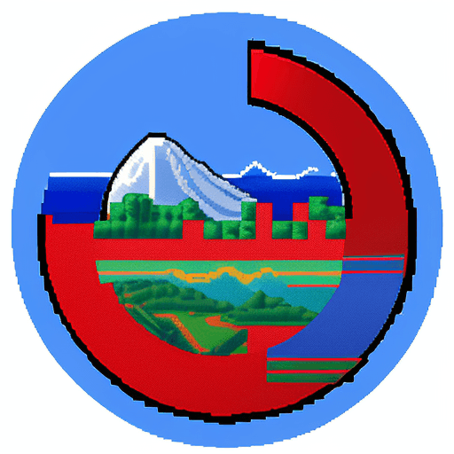 AI generated: A circular logo of rift from pixel, red and blue, valley , pixel art