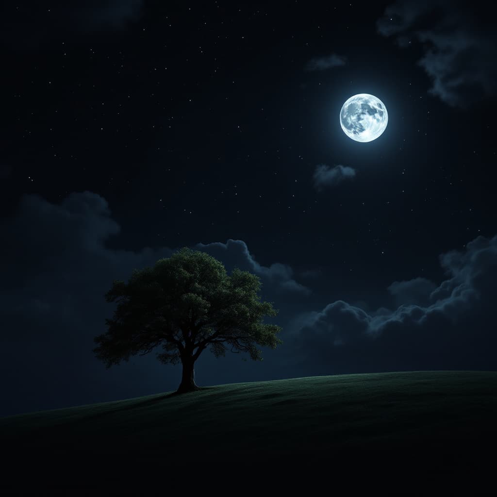 AI generated: A dark night with faint stars showing between many clouds, a full moon illuminating a single tree on...