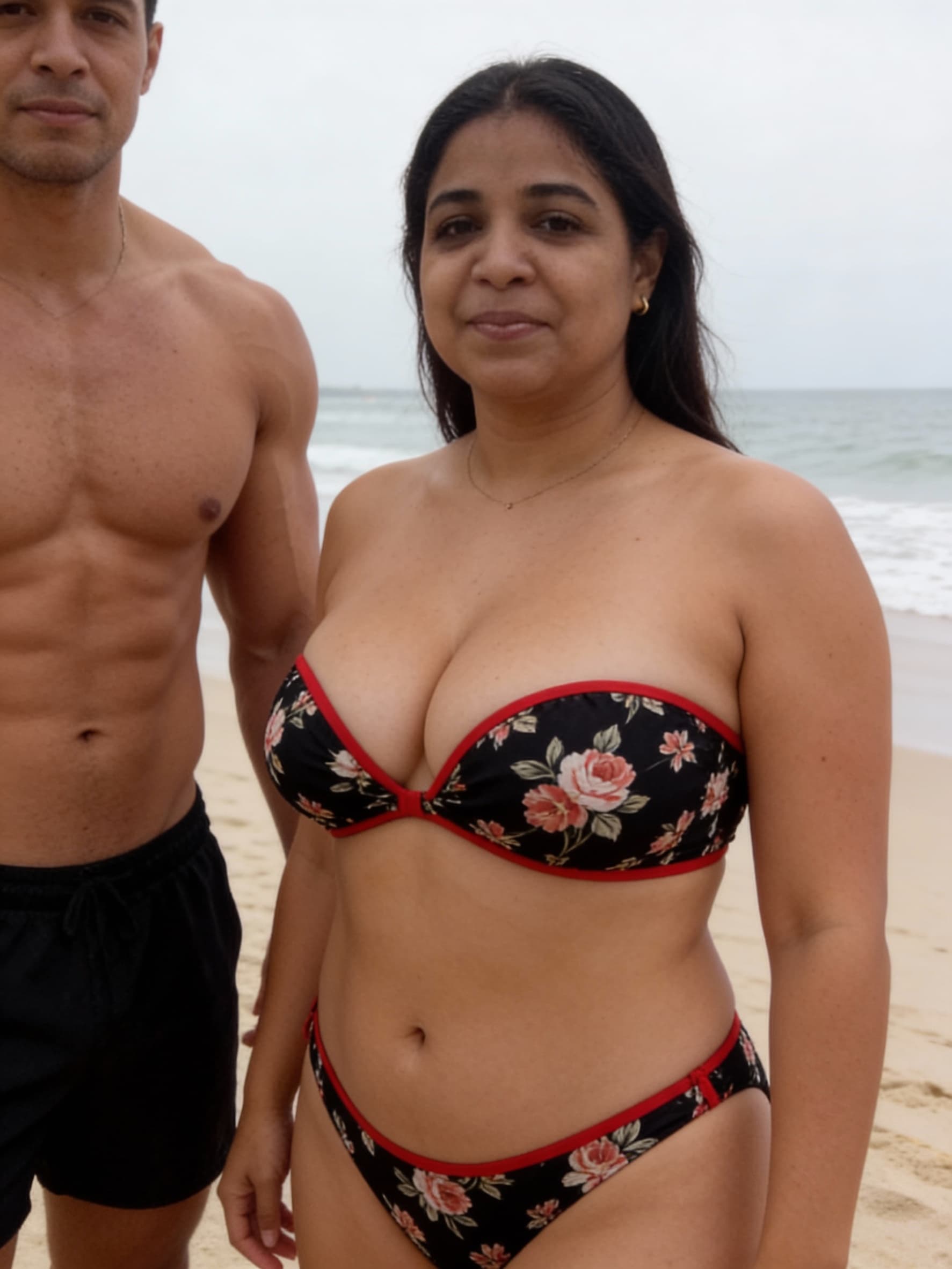 AI generated: The women wearing a strapless black floral print with red border bikini,bust size 36dd,remove glasse...