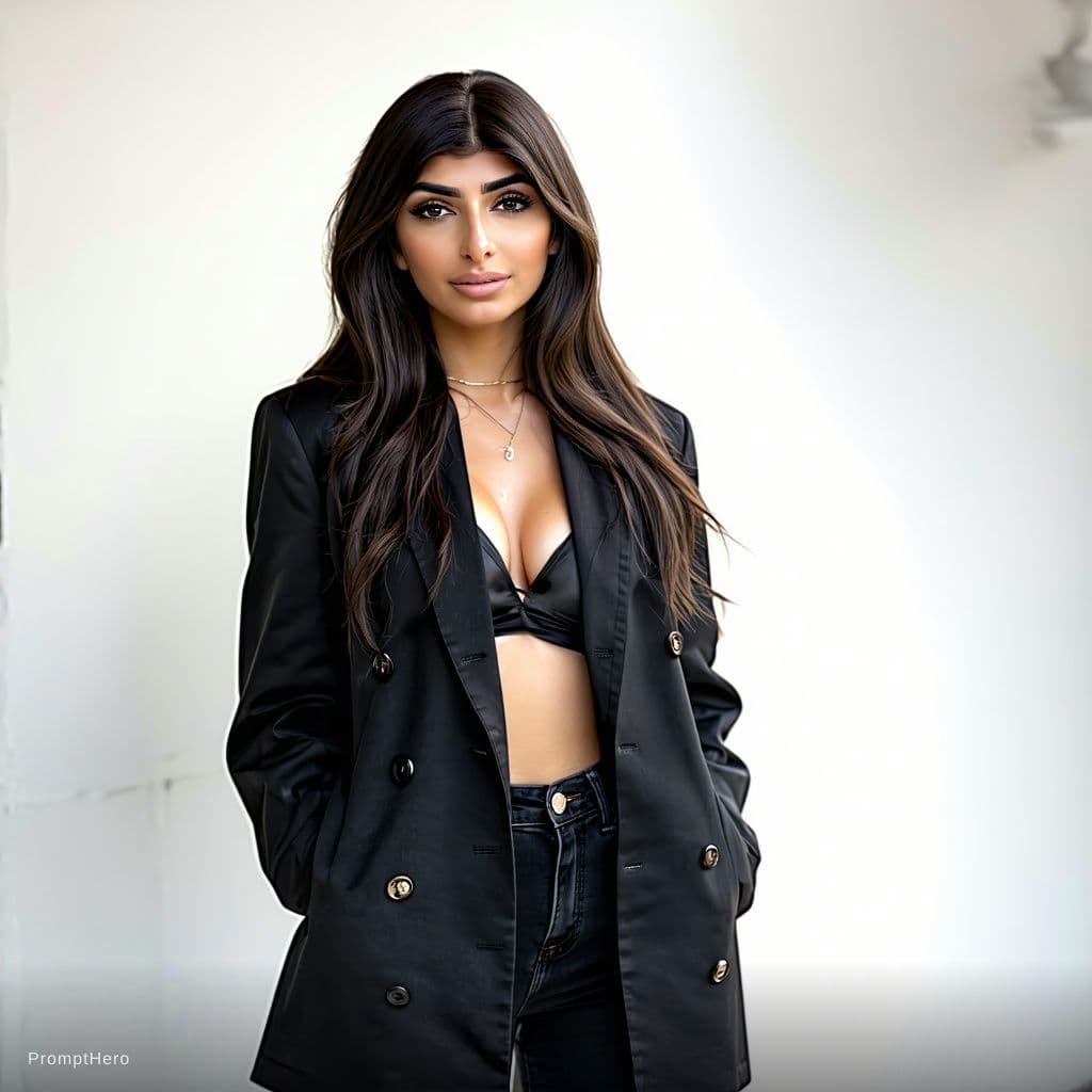 AI generated: Mia Khalifa black jacket big chest

