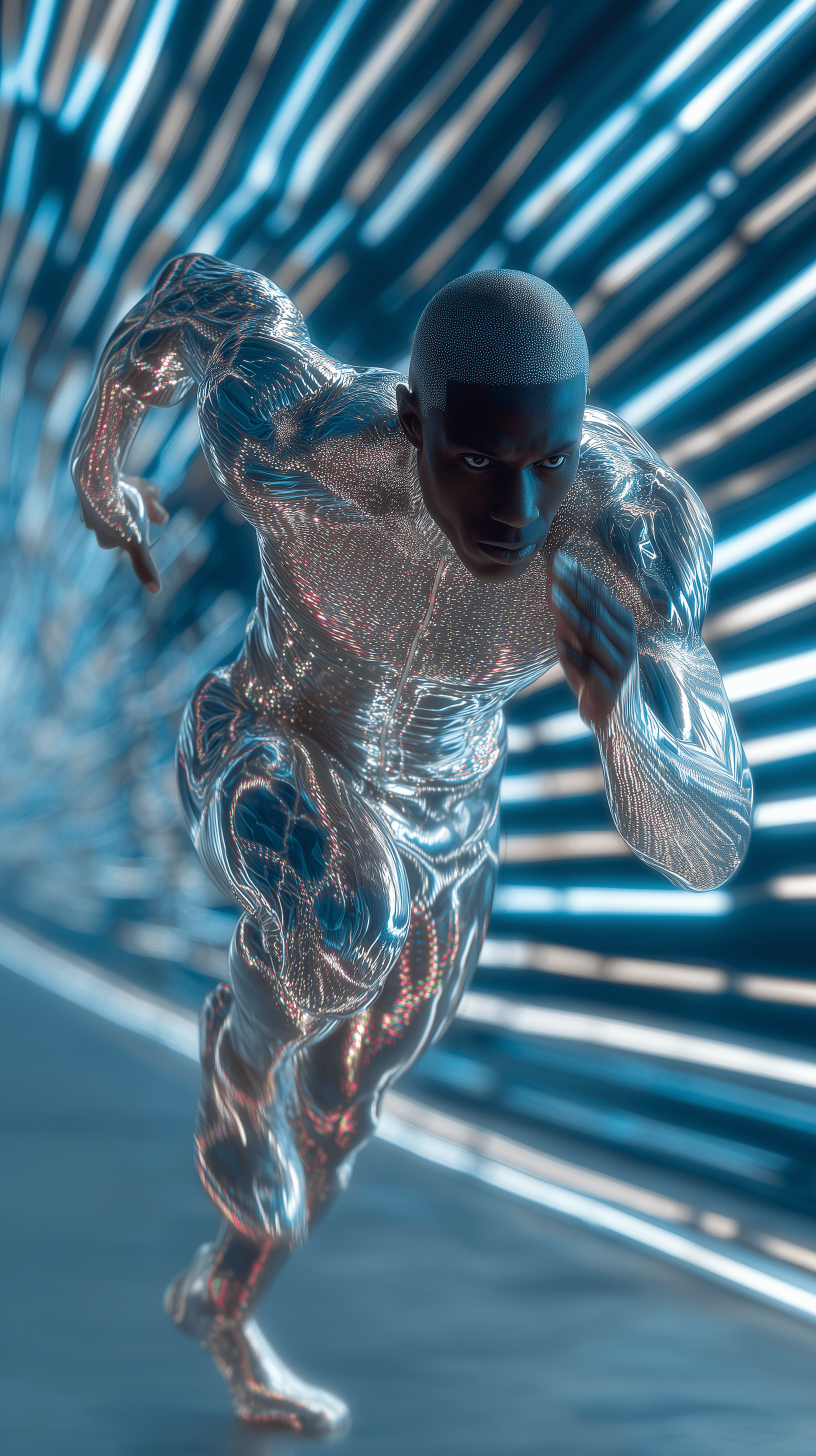 AI generated: photography, kinetic motion blur photography of a futuristic athlete wearing reflective metallic and...