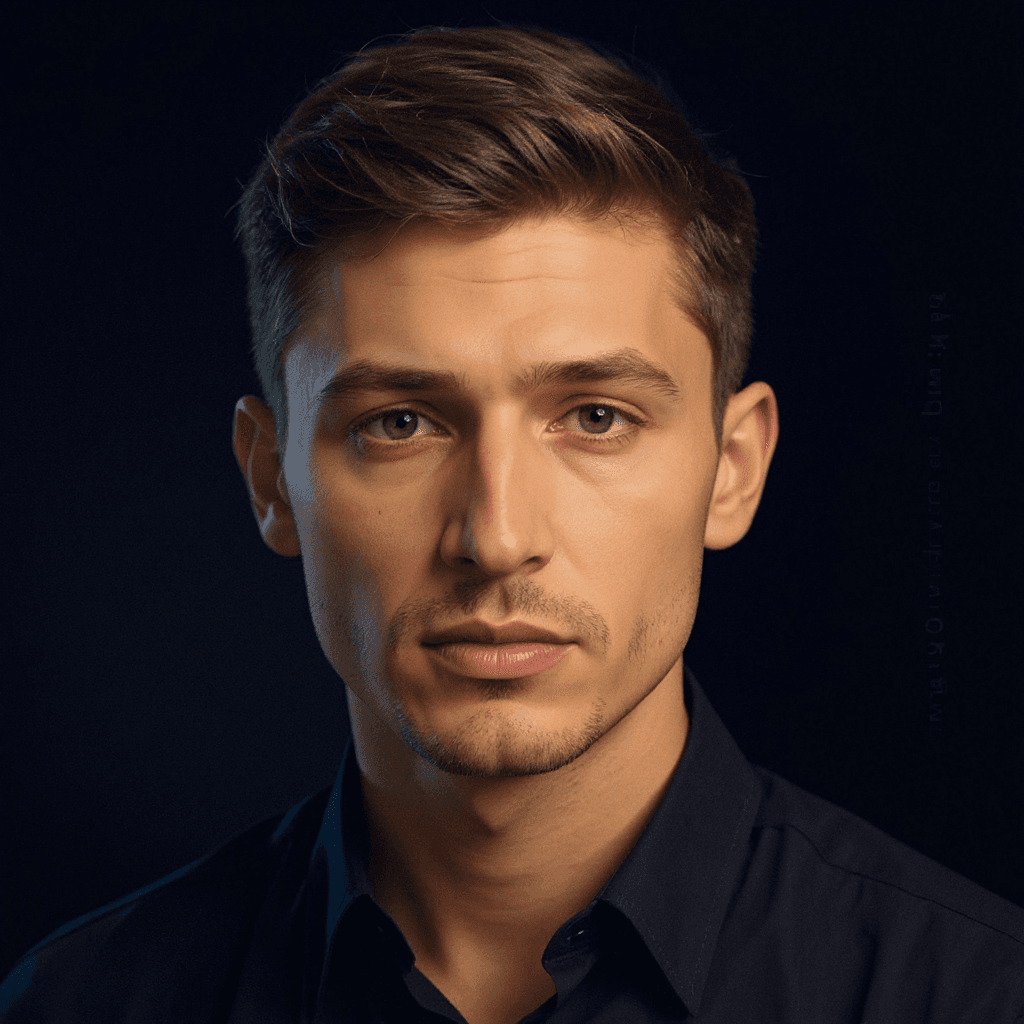 AI generated: A portrait of a man, close up , dark blond hair, big nose, clean shaven , face details, serious, wea...