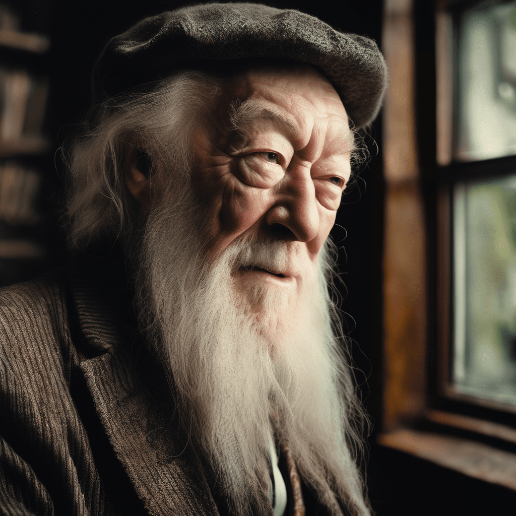 AI generated: EXTREMELY DETAILED environmental portrait photo, emotional, joyful, surreal Michael Gambon (Albus Du...