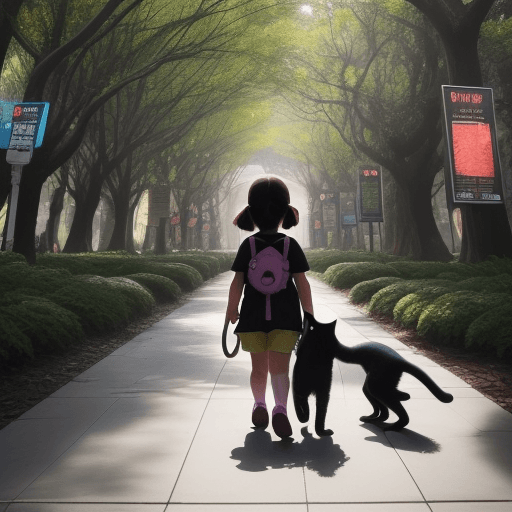 AI generated: A little girl is holding a cat while walking around the Sci-Fi World Park