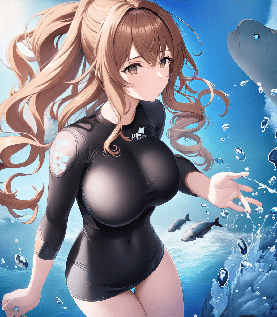 AI generated: (perfect anime illustration), 1girl, wavy hair, solo, top knot, brown hair, (huge breasts:1.3), scub...
