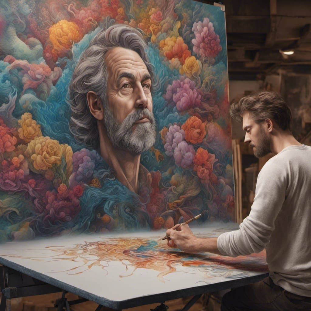 AI generated: A full wide view of a man creating murals on a drawing board, beautiful murals, full view of man cre...
