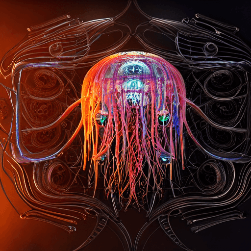 AI generated: complex colorful portrait of a cyberpunk jellyfish, black plastic, symmetrical, fractal, ornate, h r...
