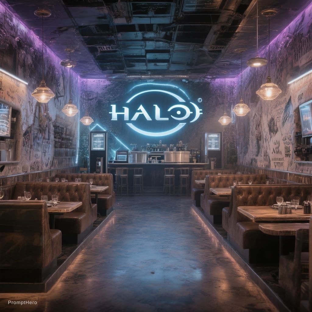 AI generated: halo 1 theme restaurant with 50 booths