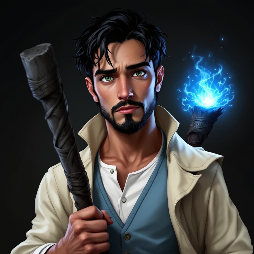AI generated: A lean man in his mid-20's. He has Black hair, green eyes and a goatee. He is wearing a white shirt,...