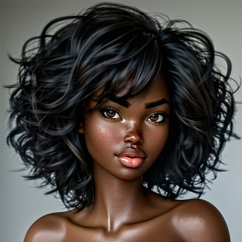 AI generated: un modèle aux cheveux noirs bouclés, dans le style de daz3d, gros plan, brumeux, ondulé, brun, tondo...