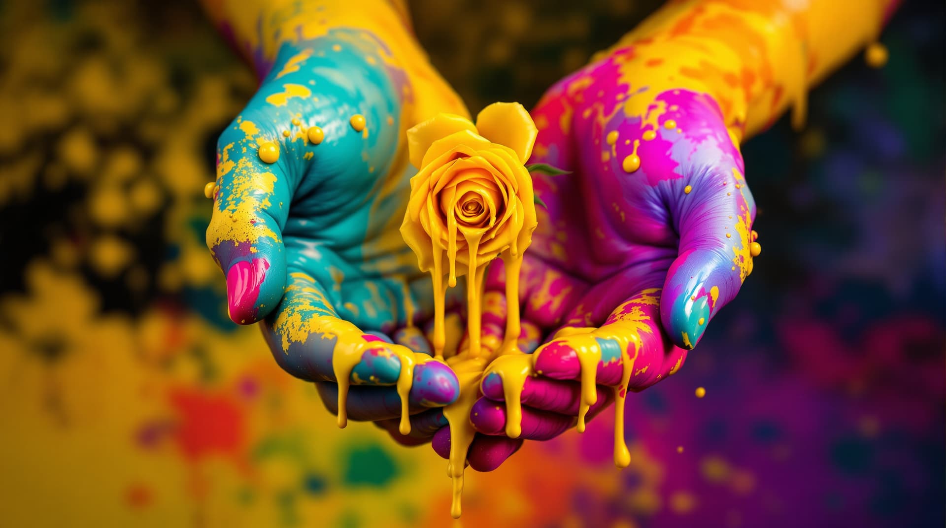 AI generated: macro view of  two hands with asiatic tatoo skin, giving   a  yellow  rose ,the flower is made of dr...