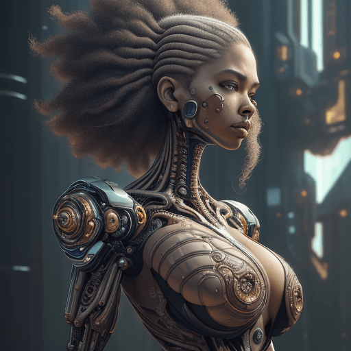 AI generated: a woman , upper body, pretty human face afro, (biomechanical :1) , inflateble shapes, wearing epic b...