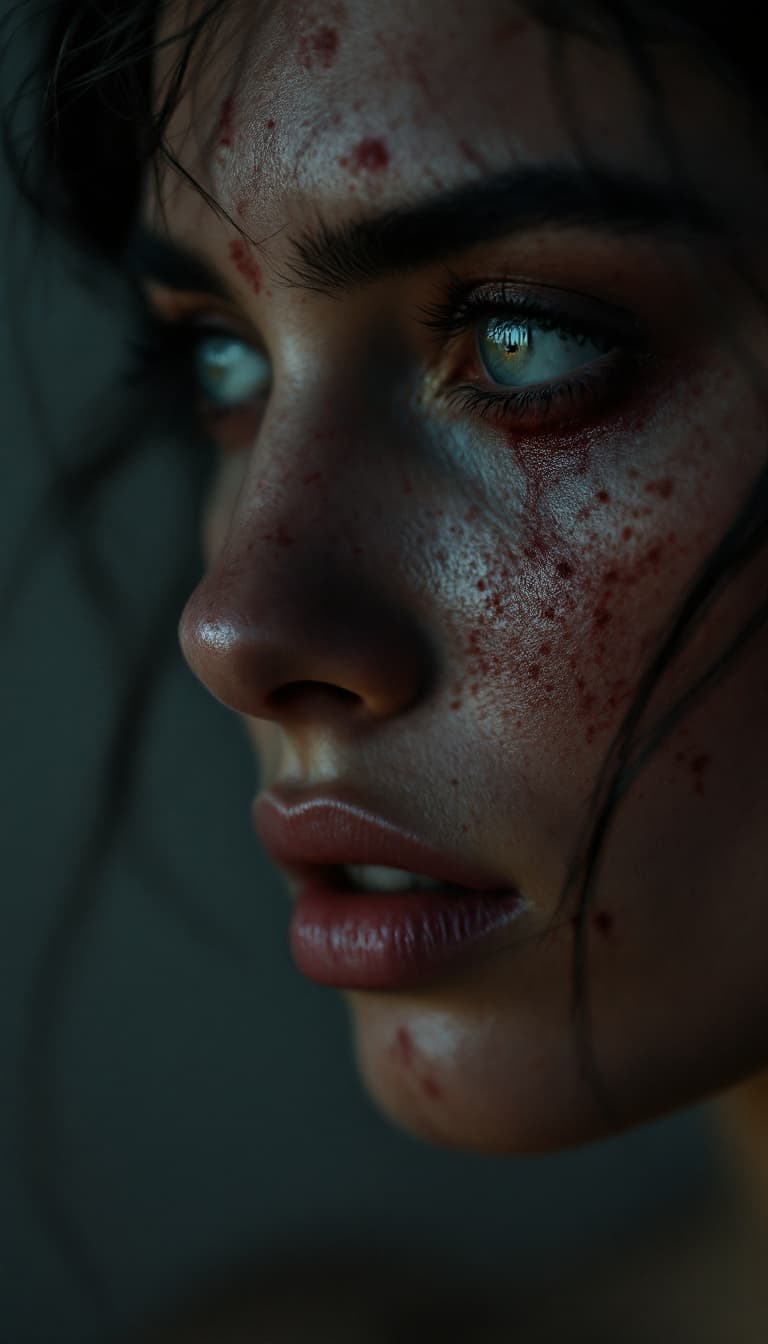 AI generated: high-resolution photograph, woman, ugly scar in the face, stunning use of shadows, in the syle of cr...
