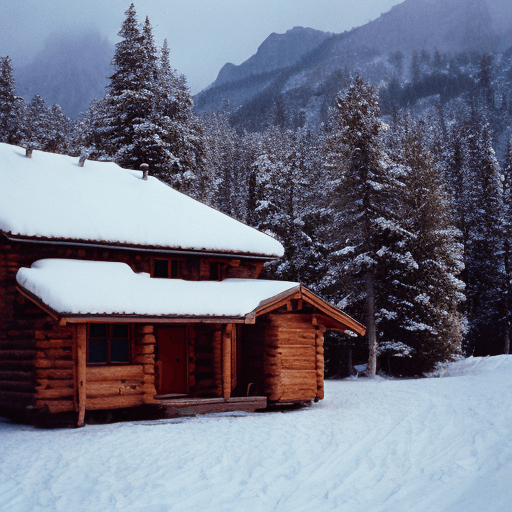 AI generated: Cozy mountain hut in winter, analog style
