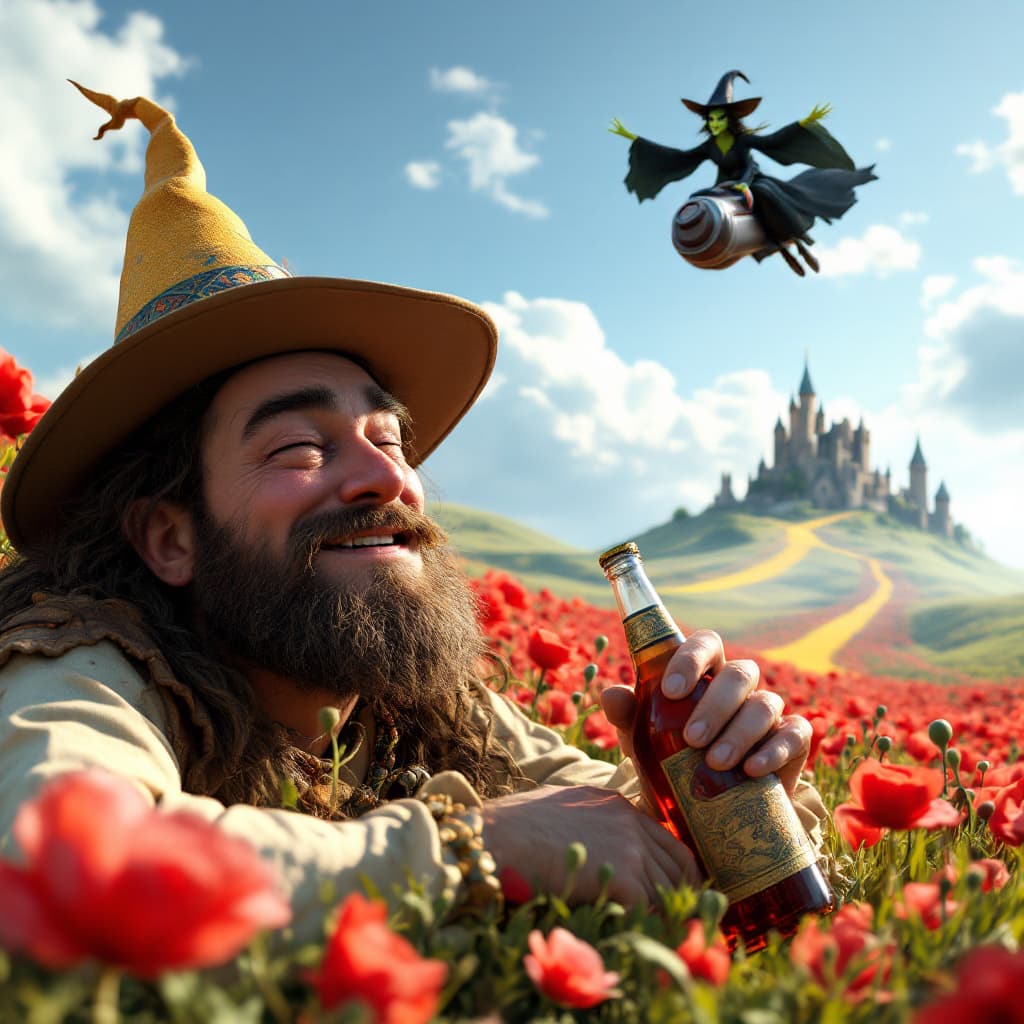 AI generated: a totally wasted  hippie with a dopey grin partly closed eyes is  in a field of poppies laying prone...