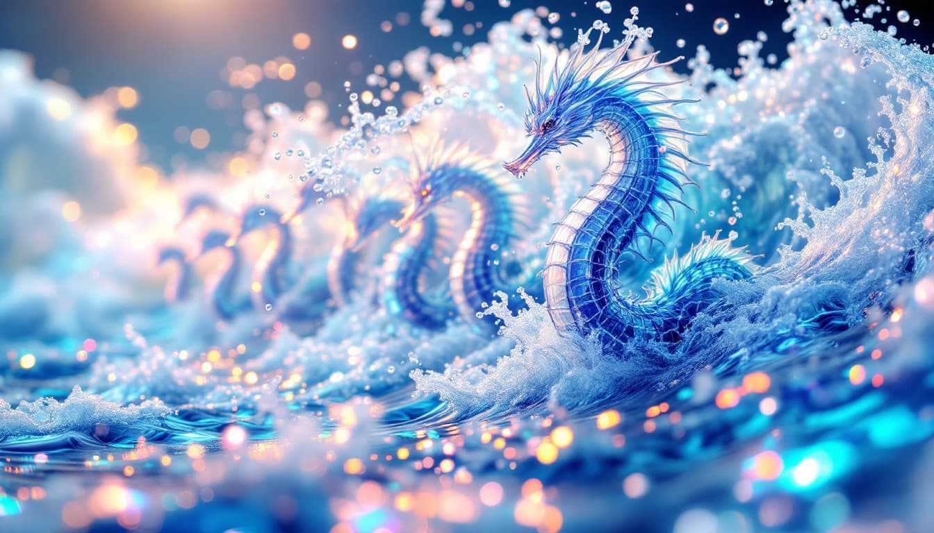 AI generated:     abstraction of multiple giants,made of transparent water,  sea horses,  ocean wave ,with sea foa...