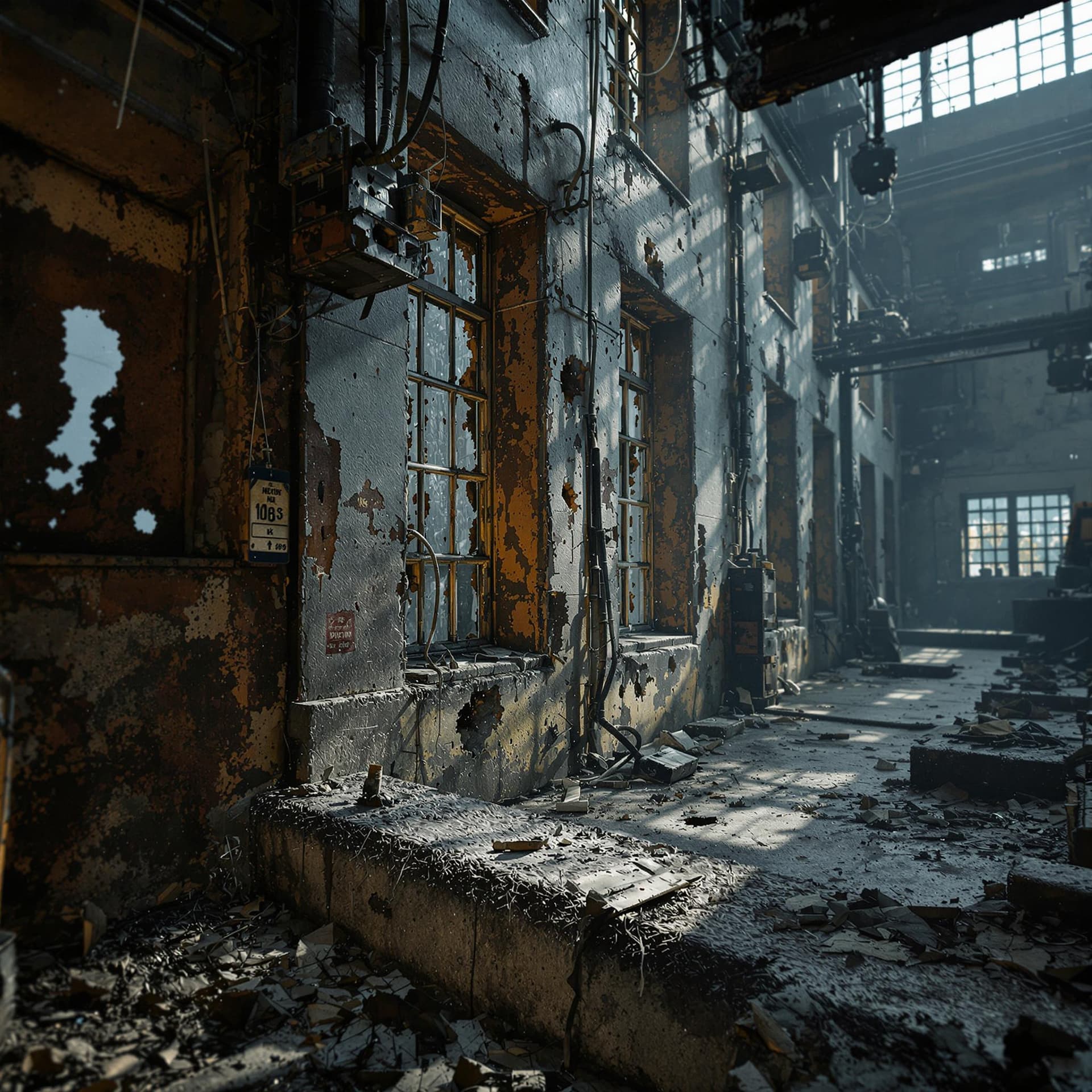 AI generated: In the photo we see holes in the factory windows and cobwebs on the walls: Cinematic photo, Best qua...