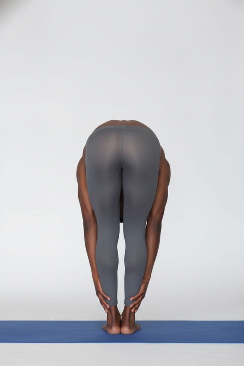 AI generated: touch your toe pose an african man but the view from behind the viw showing the mans bottom 
