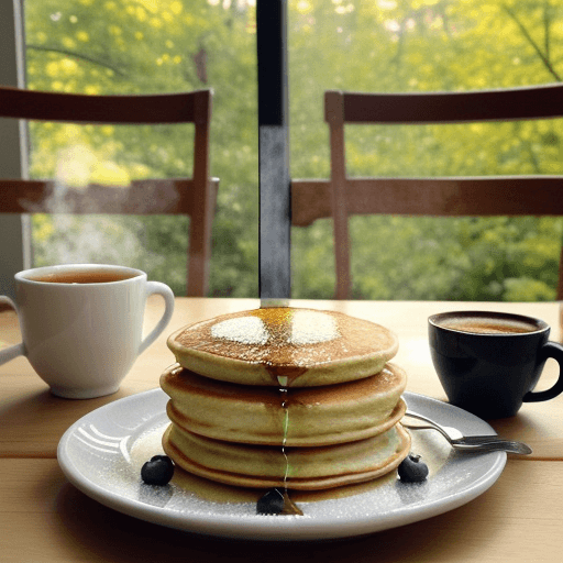 AI generated: stacks of pancakes lie on a plate and are poured with maple syrup, steam over the pancakes, there is...