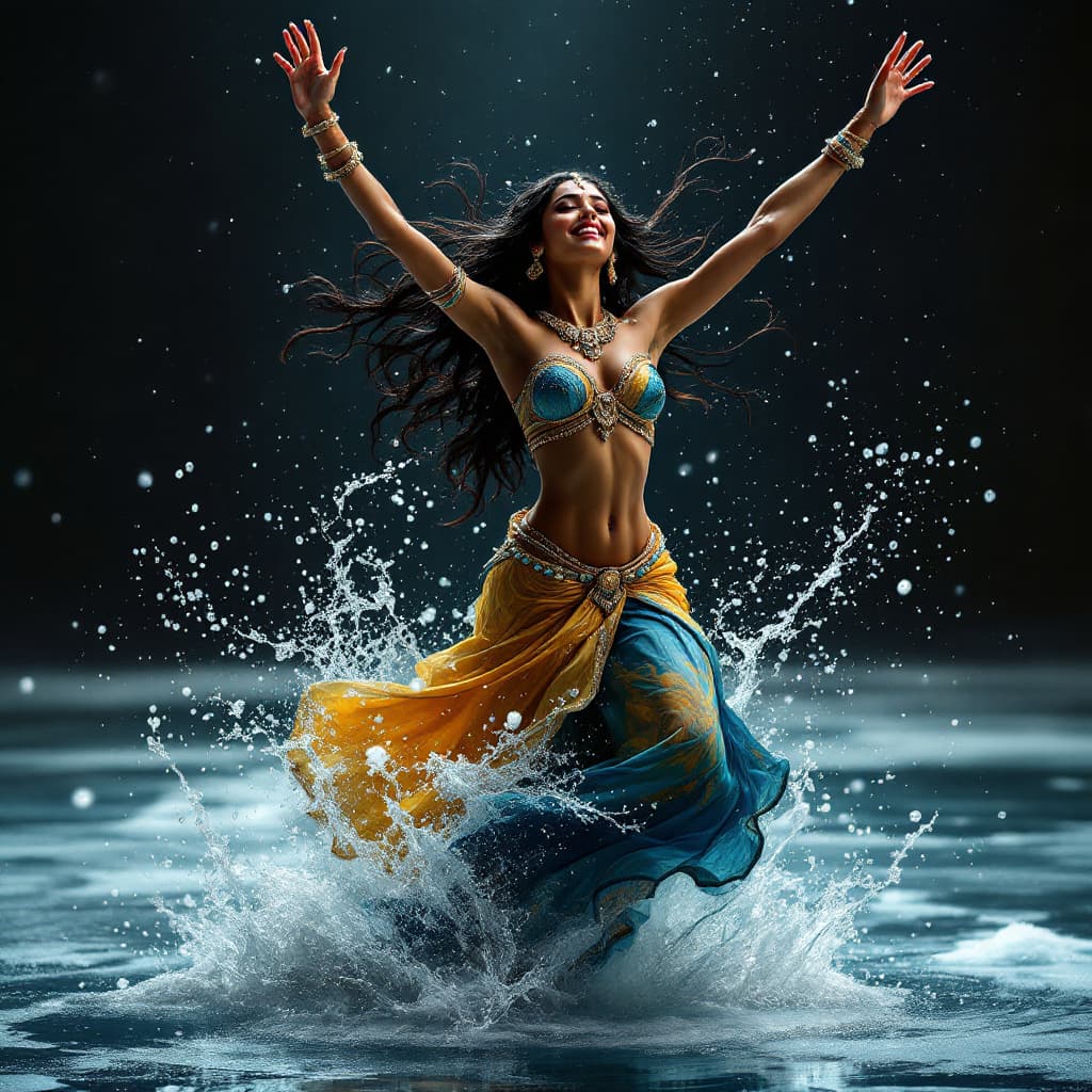 AI generated: A cheerful beautiful Indian girl, dancing, drkms,(full body:1.1), on Thin Ice,drkms, water-bender,ch...