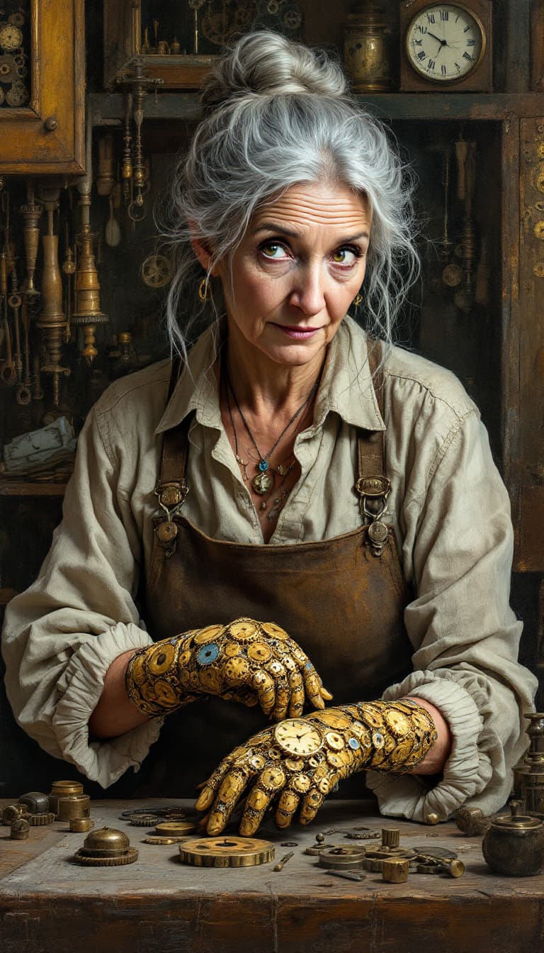 AI generated: "Antique Clockmaker in Time's Embrace": A mesmerizing abstract painting portrays the meticulous natu...