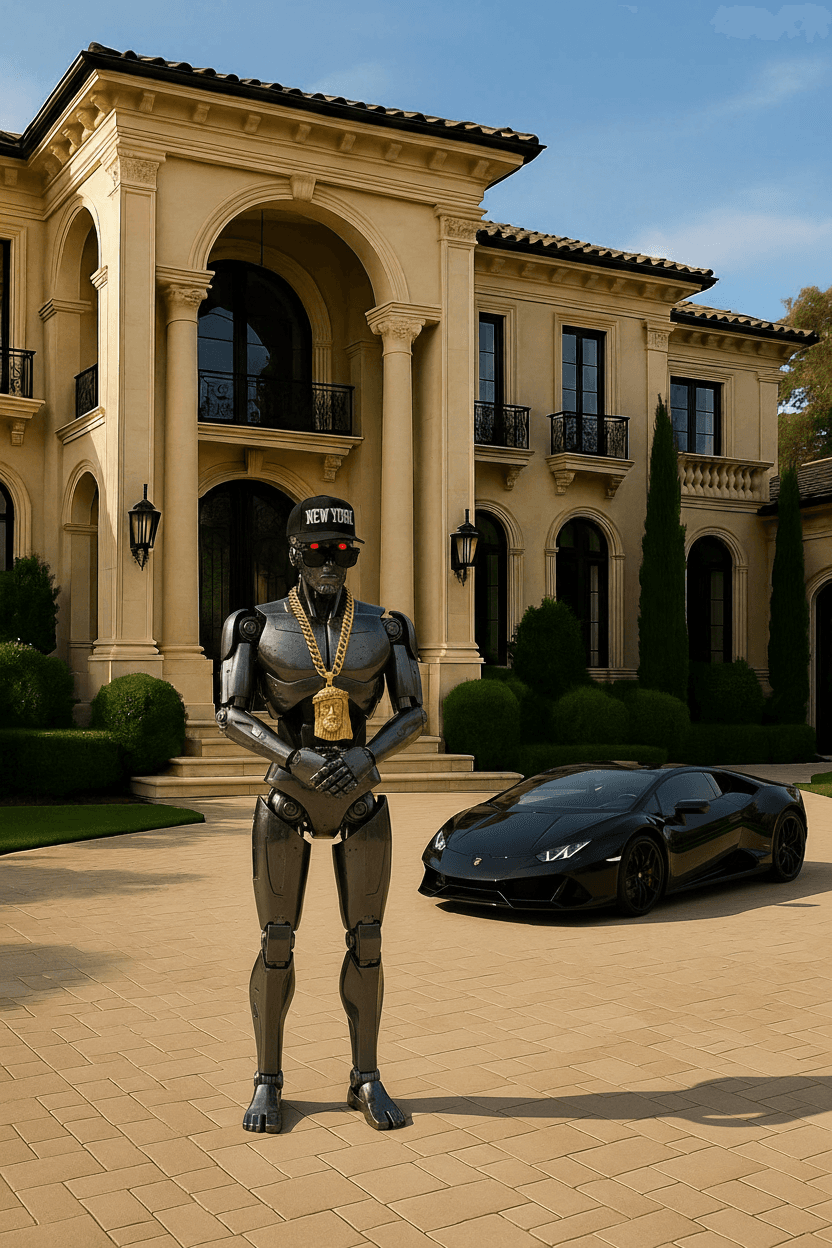 AI generated: Add the accessories to the robot, and place it in front of the mansion