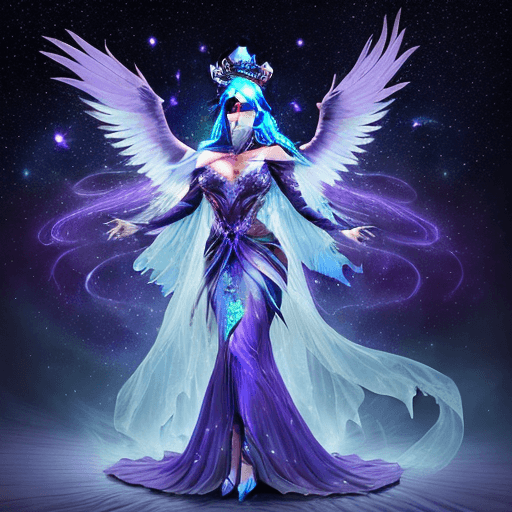 AI generated: beautiful queen of ravens in action, femme fatale, cosmic plumes, in action commanding the universe,...