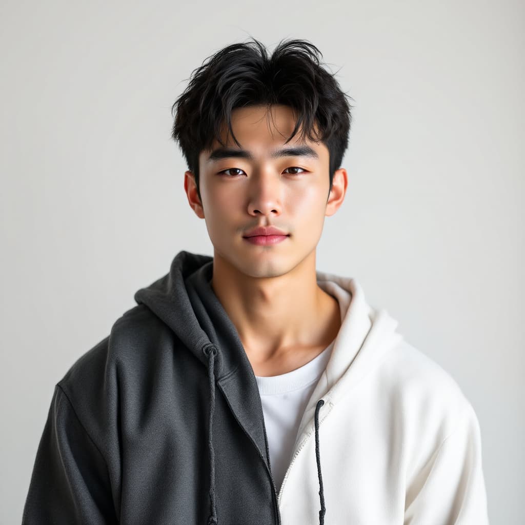 AI generated: real，handsome chinese boy,24years old，weater,white background,muscle，college boy，