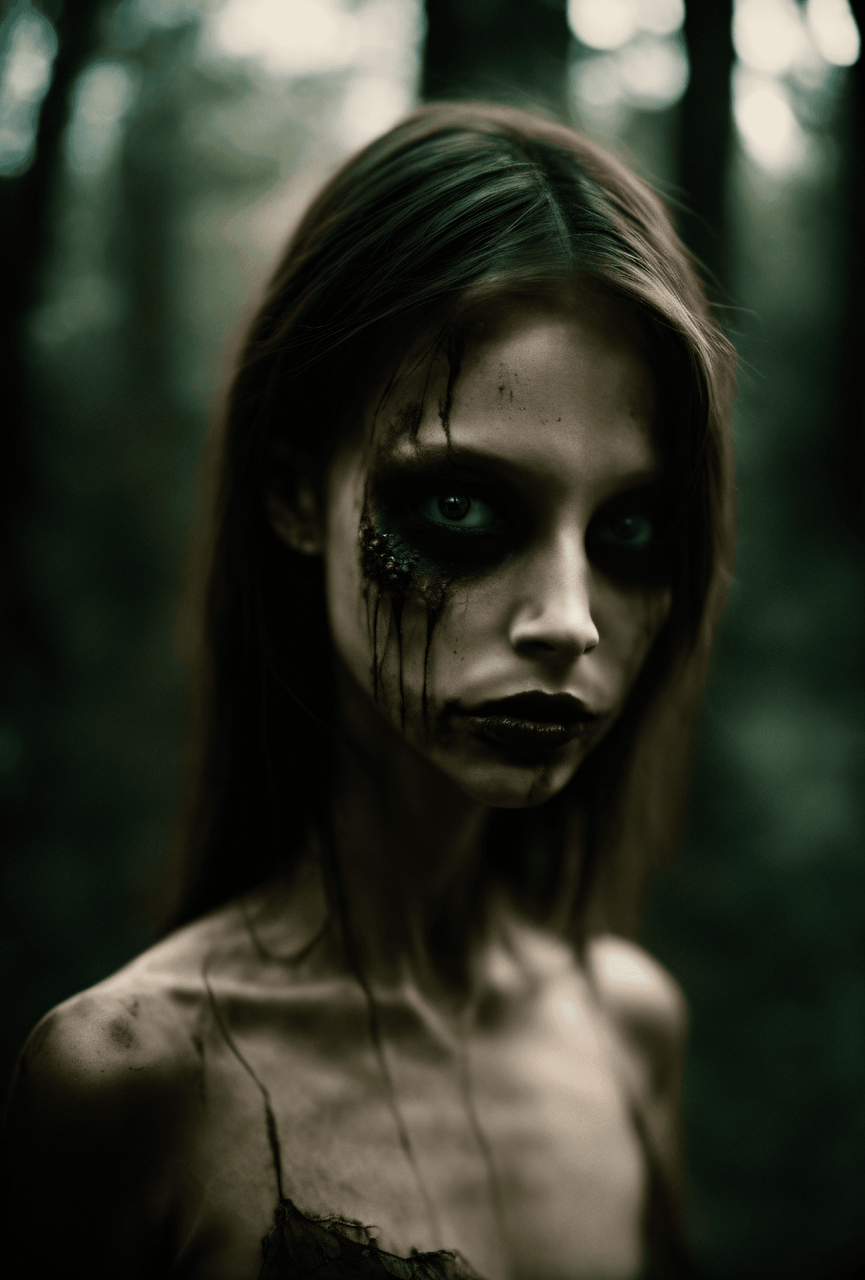 AI generated: horror-themed analogue photo of young woman zombie, very thin, small breasts, abs, supermodel in a h...