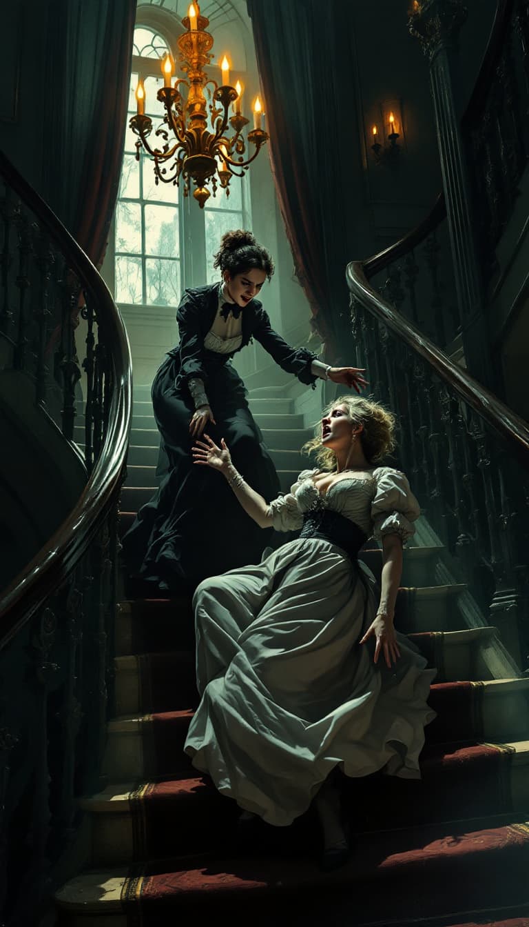AI generated: A dramatic moment frozen in time: a young Victorian maid, her face twisted in a mix of rage and desp...