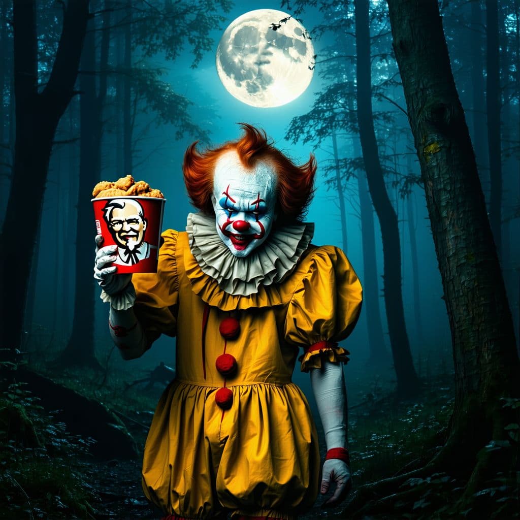 AI generated: "A creepy clown with red hair, white face paint, blue eye makeup, and a red nose, standing in a dark...