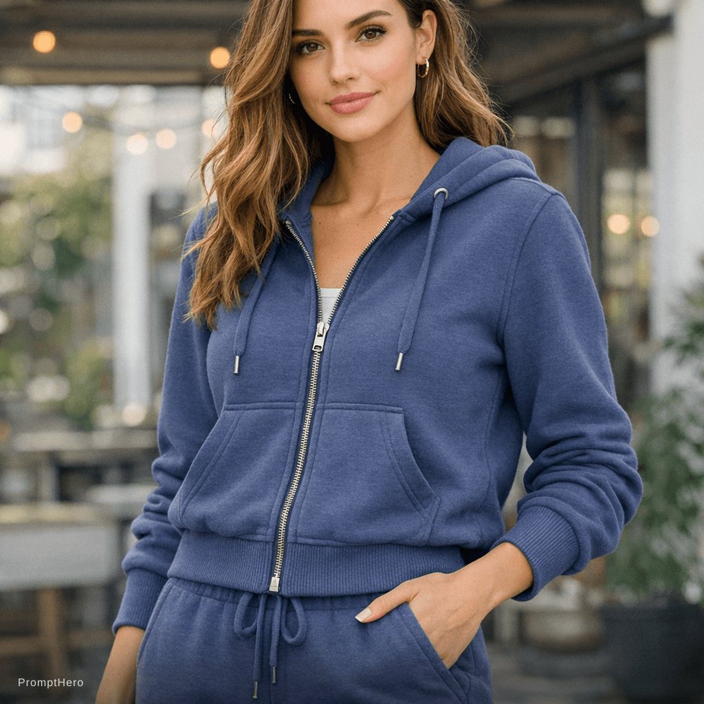 AI generated: A styhlish zipper hoddie Dusty dark blue forgirl