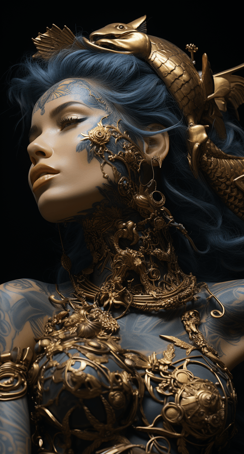 AI generated: a woman posing for a magazine in gold with elaborate mermaid sculpture, in the style of life-like av...