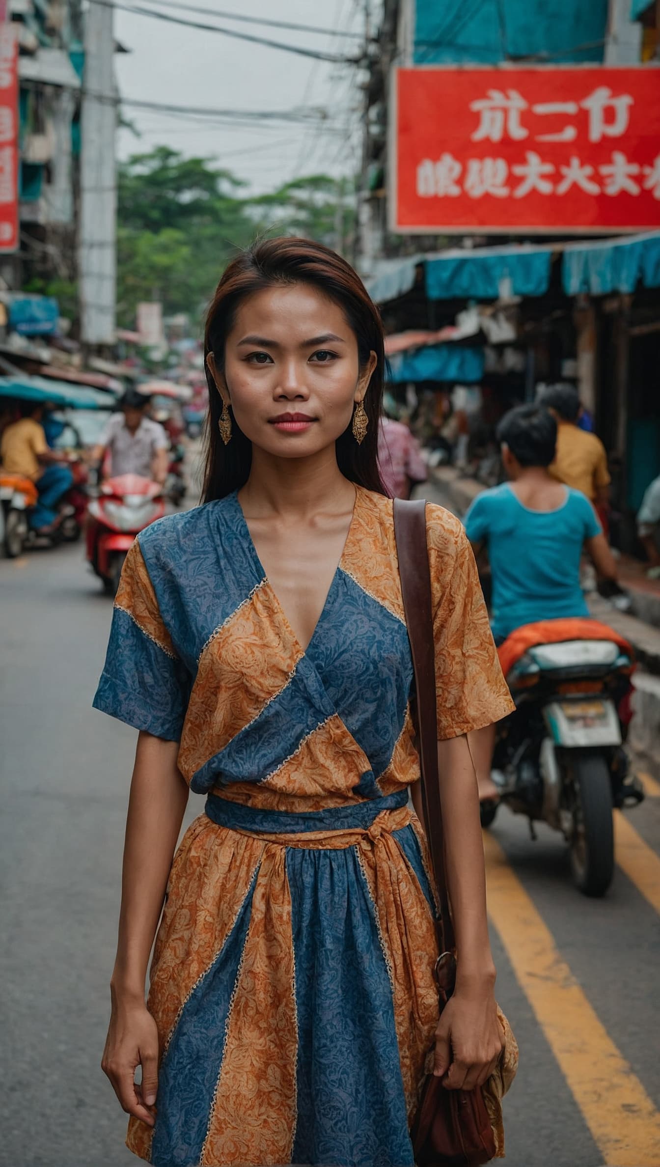 AI generated: A vibrant Thai freelancer stands confidently in the middle of a bustling road, her perfect dress cat...