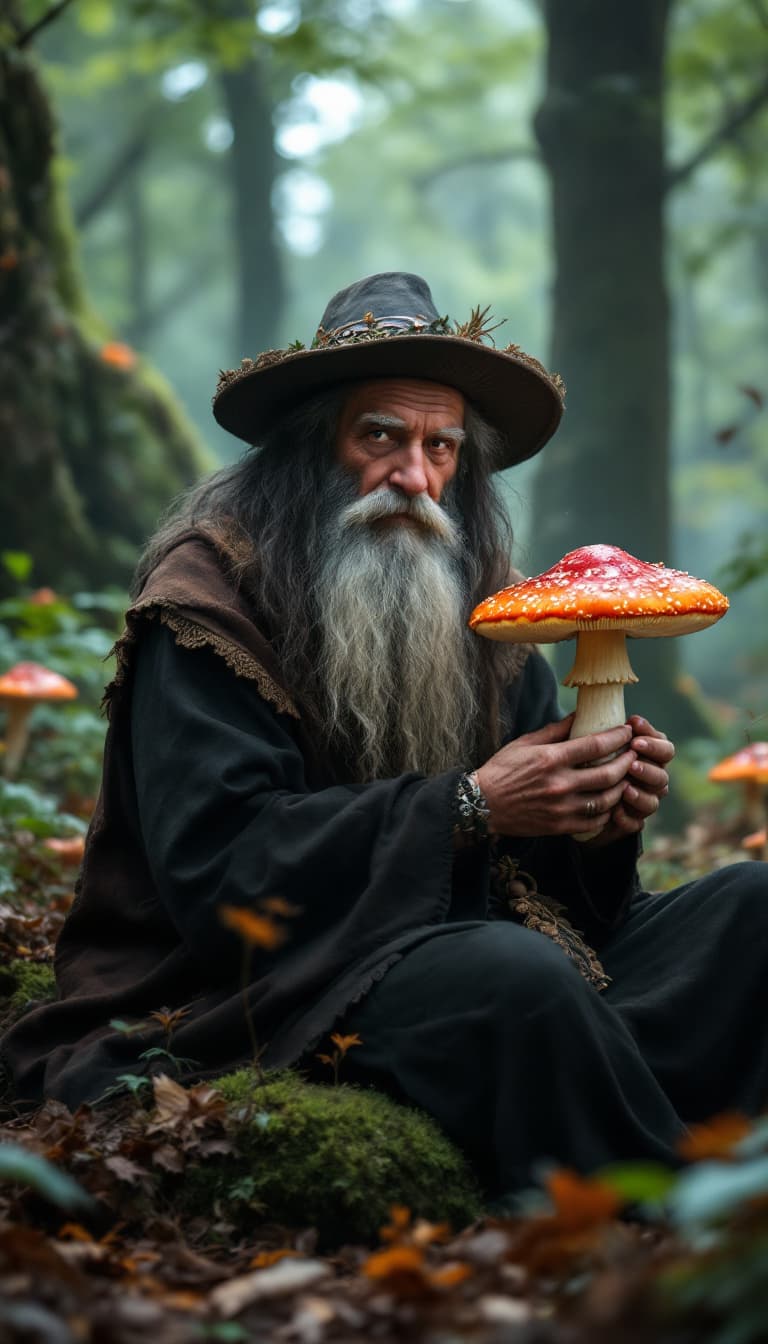 AI generated: Ultra-realistic photo but which shows a shaman sitting in a magical forest and holding a fly agaric ...