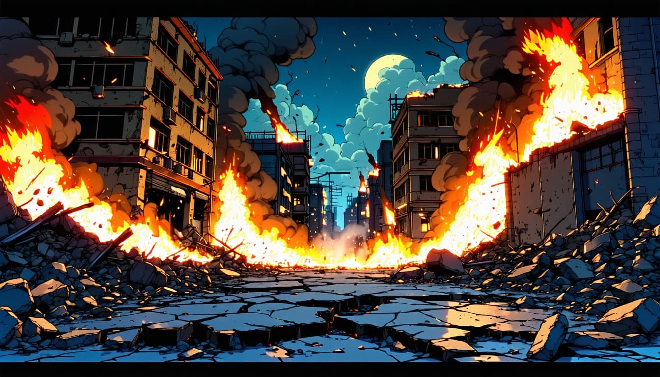 AI generated: Manga-style background of a destroyed city at night during an intense battle. The camera is placed i...