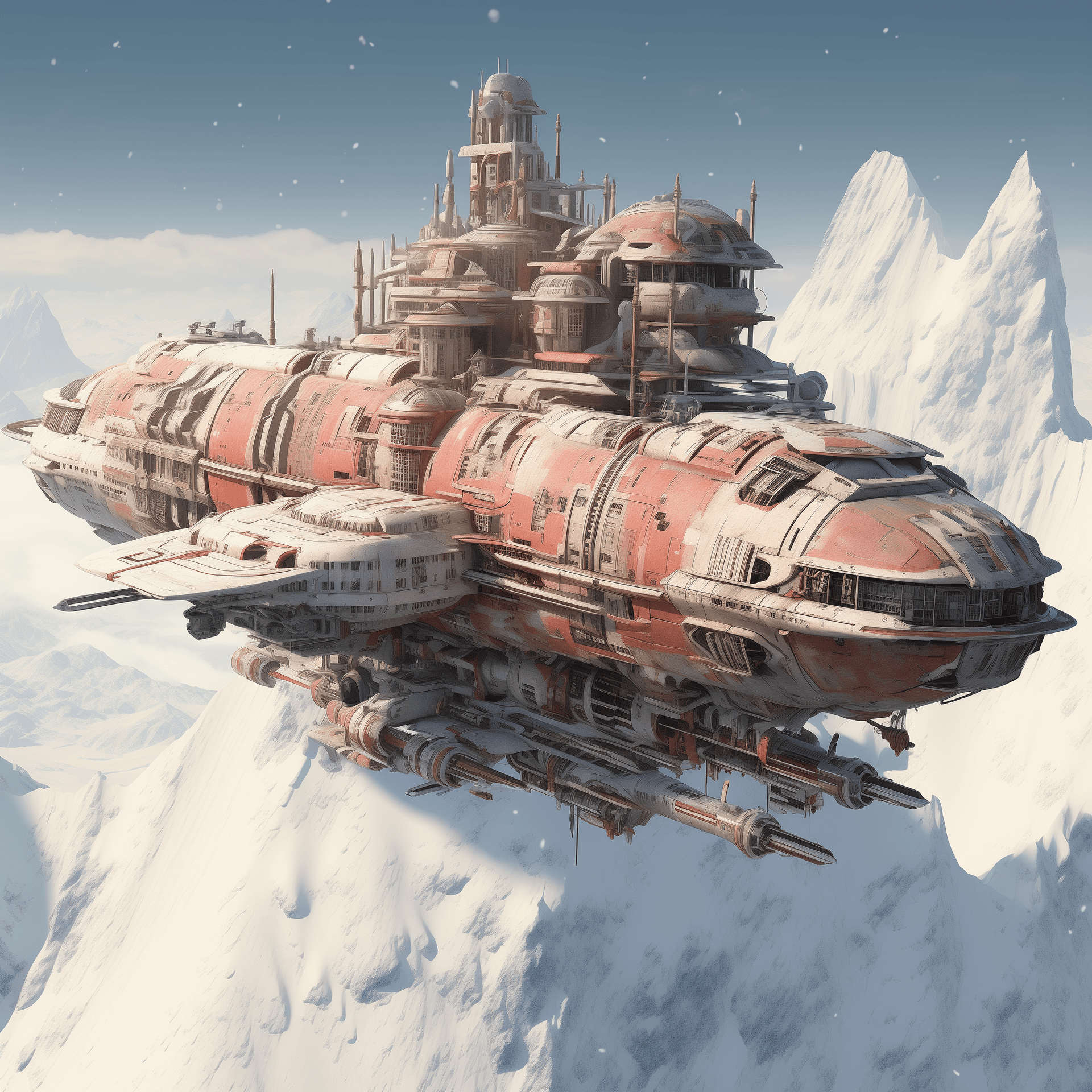 AI generated: futuristic spaceship floating in snow and ice, red and beige color, in the style of fantastical ruin...