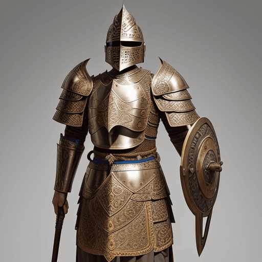 AI generated: ancient, majapahit armor, 12th century, bronze, detailed pattern, weapon, shield, spear